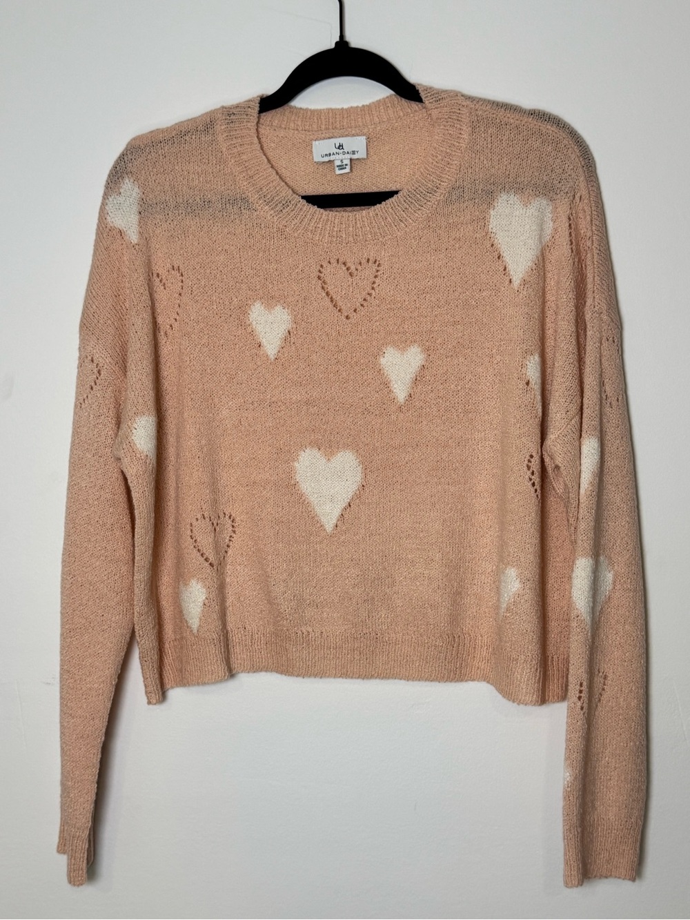 Urban Daizy Women’s Heart Sweater Small Pink Cropped Cut Outs